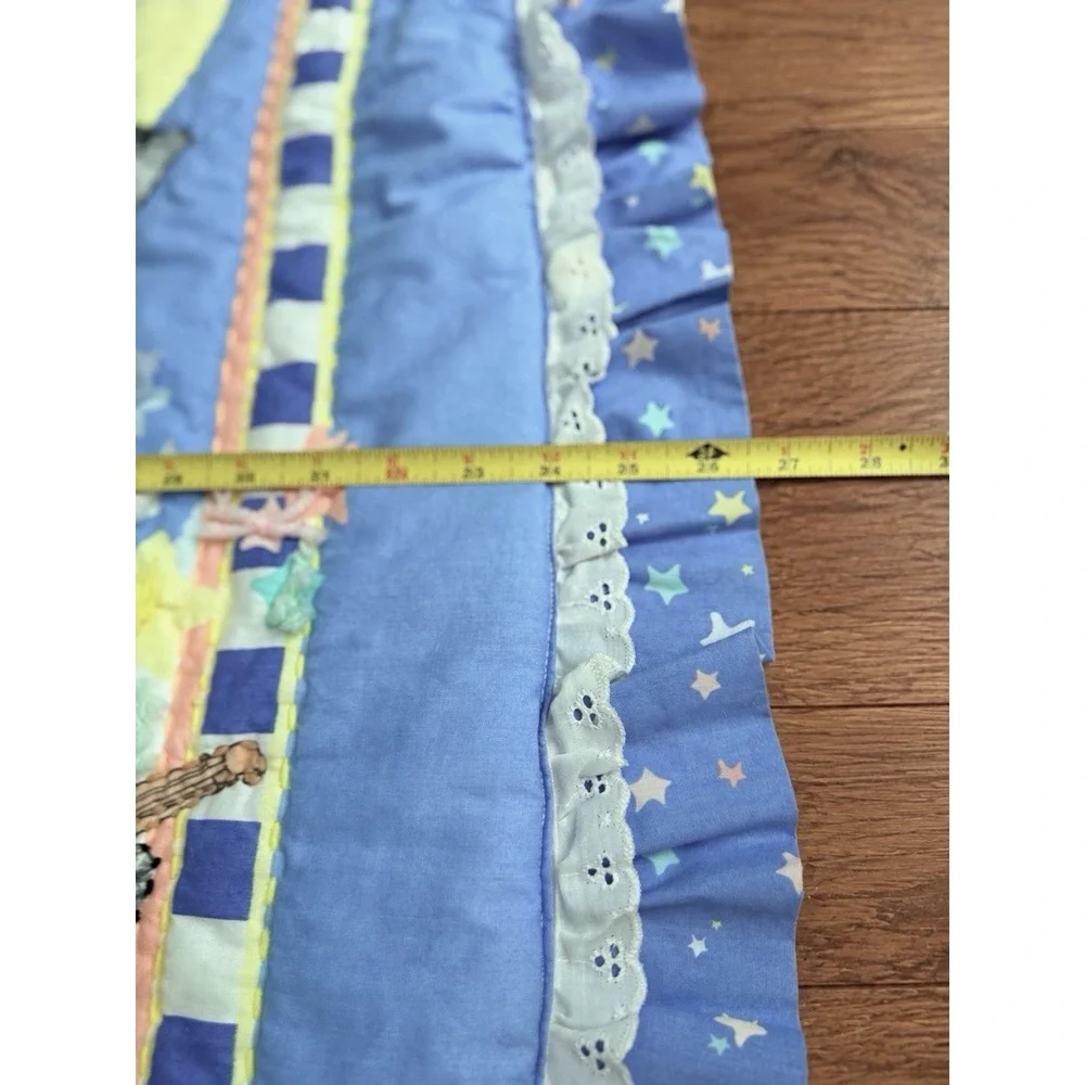 Vintage 90s Baby Crib Quilt Blanket Cow Teddy Bear Moon Stars Ruffle 47x26.5